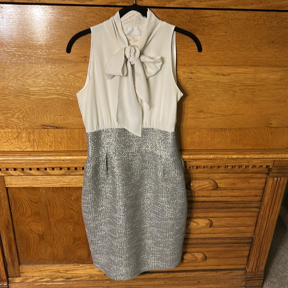 Kate Spade Sleeveless Off-White Tie Silver Tinsel Tweed Dress